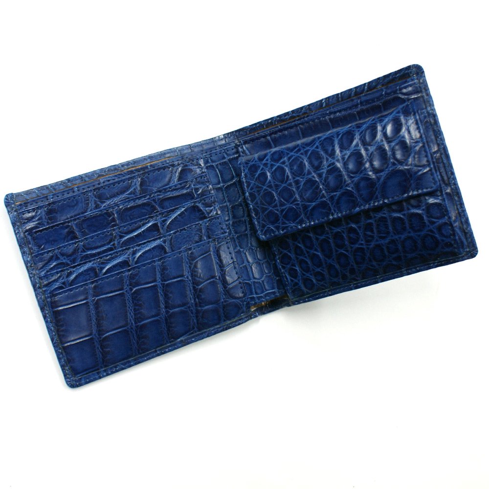 クロコダイル財布 小銭収納あり（全面 ワニ革 クロコ サイフ 折り財布 札入）日本製 藍染