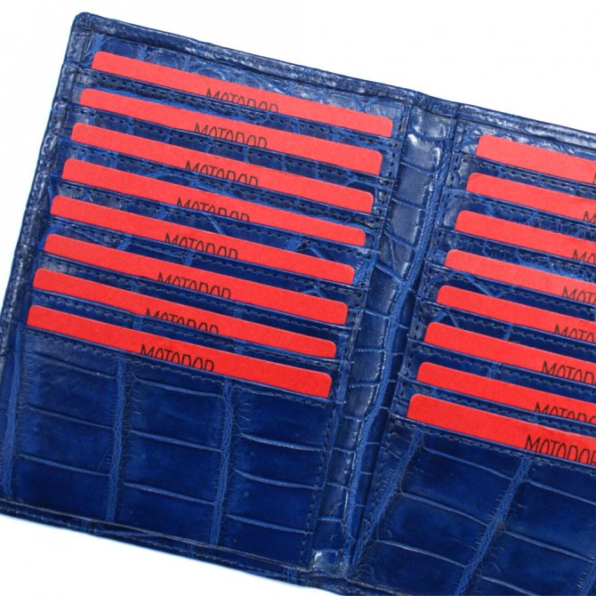 クロコダイル革 ワニ革 二つ折り カード入れ カードホルダー カードケース レザー 薄型カード入れ 大容量 大量収納 パスポートサイズ L.size  藍染
