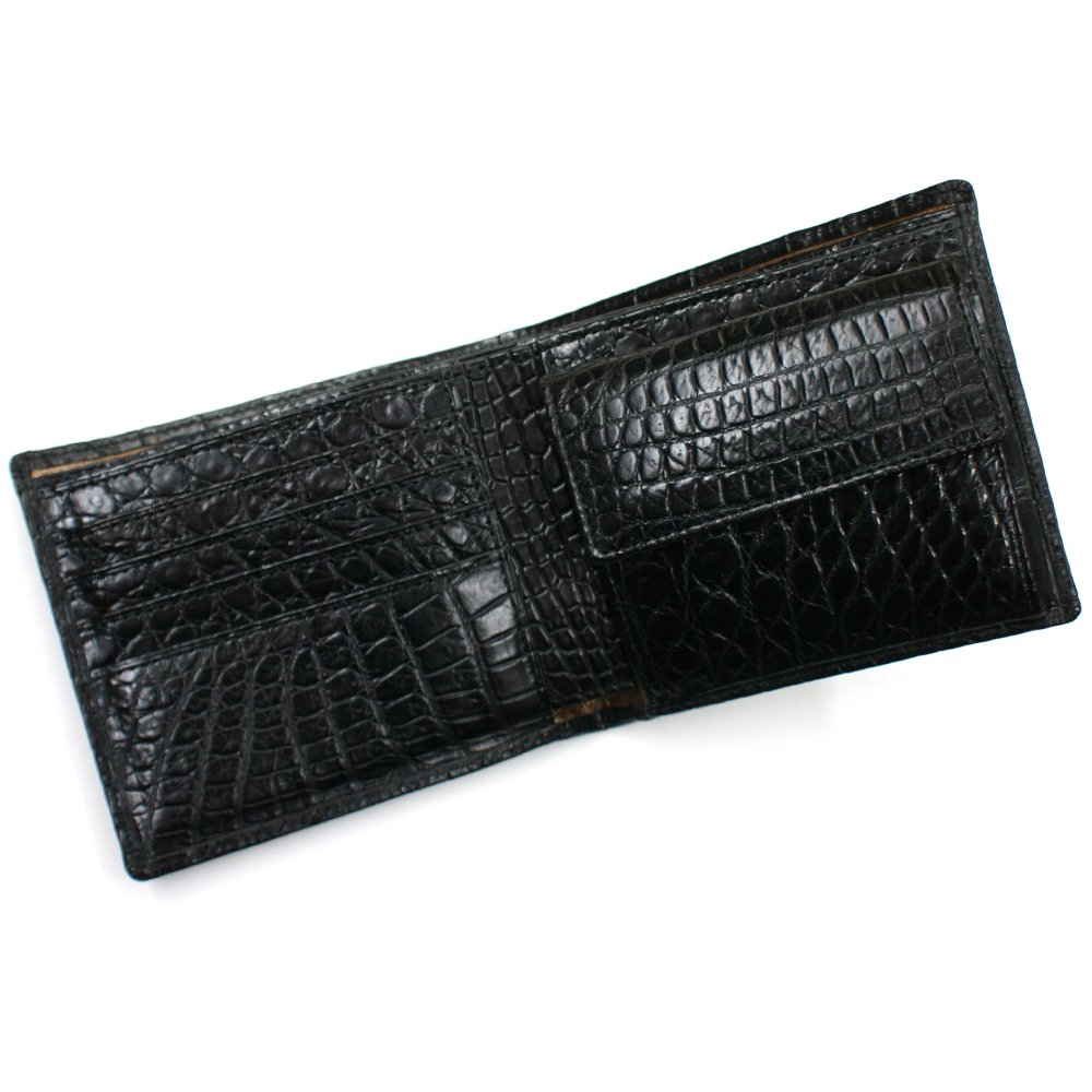クロコダイル財布 二つ折り型 小銭収納付　日本製、ブラック