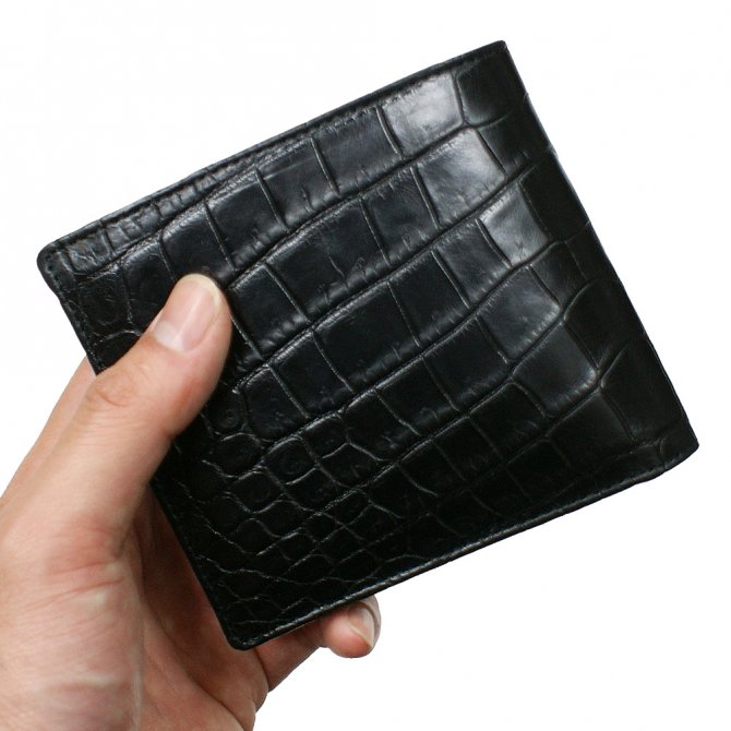 クロコダイル財布 二つ折り型 小銭収納付 日本製、ブラック