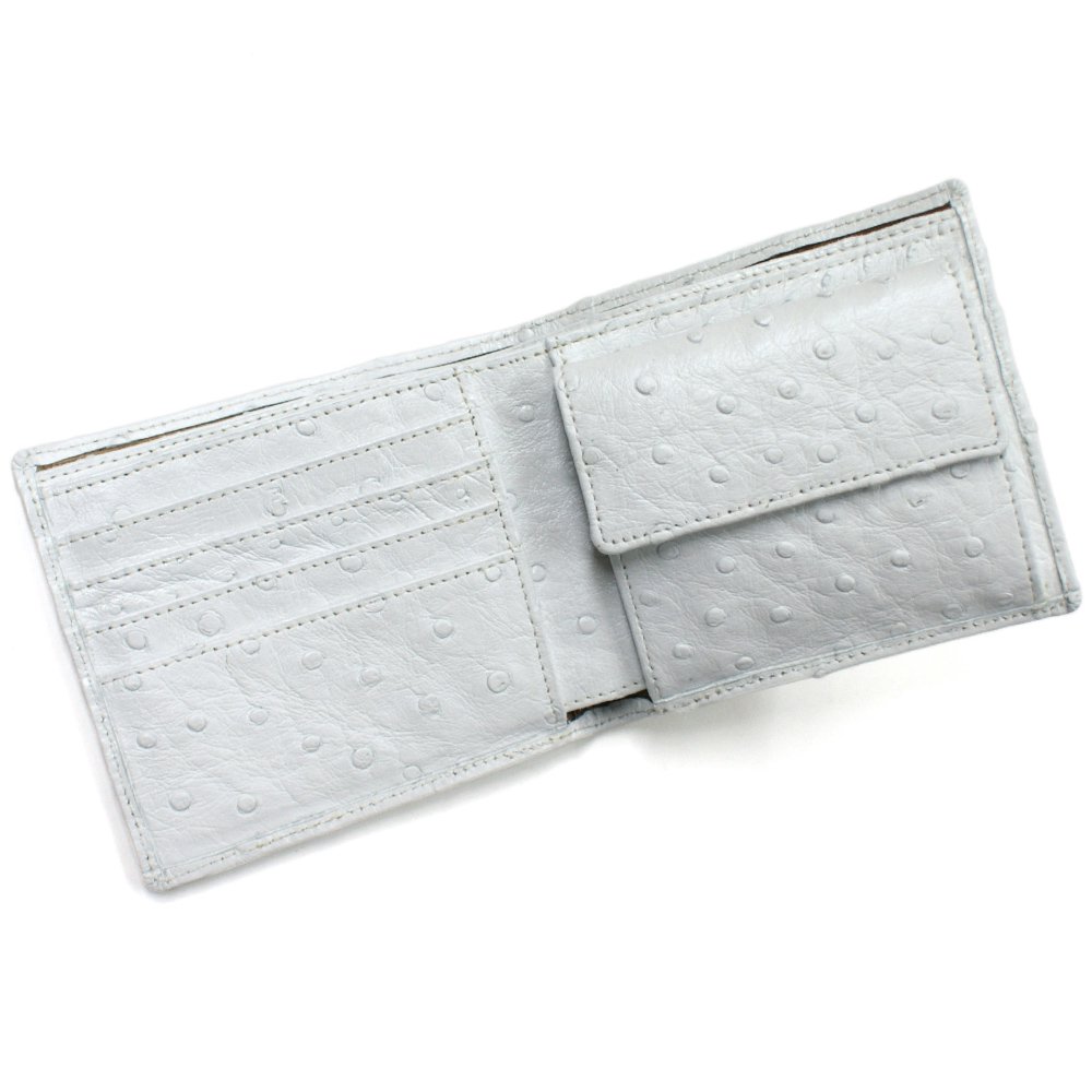 オーストリッチ財布 二つ折り財布　小銭収納あり、ホワイト（白）