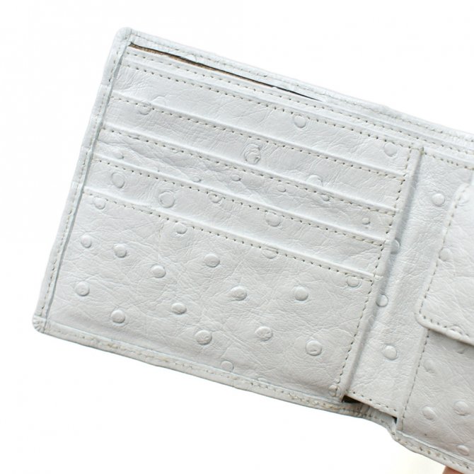 オーストリッチ財布 二つ折り財布 小銭収納あり、ホワイト（白）