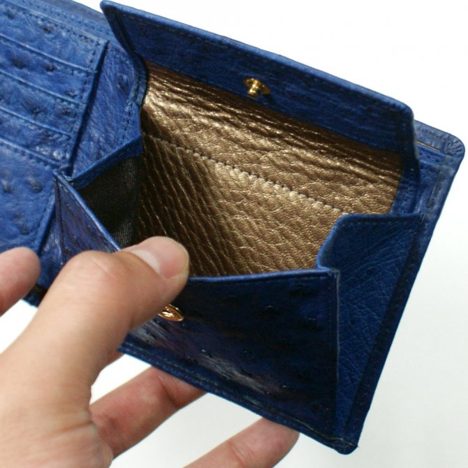 オーストリッチ財布 二つ折り財布 小銭収納あり、藍染