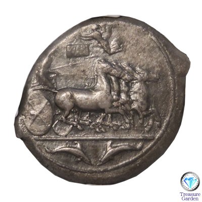 古代ギリシャコイン BC415-405年 テトラドラクマ銀貨 シチリア シラクサ 女神アレトゥーサ] 4頭のイルカ 彫刻家サイン入り 【NGC鑑定  Ch VF】 no.7 - アンティークコイン・宝石のトレジャーガーデン