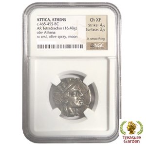 古代ギリシャコイン BC465-455年頃 テトラドラクマ銀貨 アッティカ 女神アテナ] フクロウ 【NGC鑑定 Ch XF】 no.21 -  アンティークコイン・宝石のトレジャーガーデン