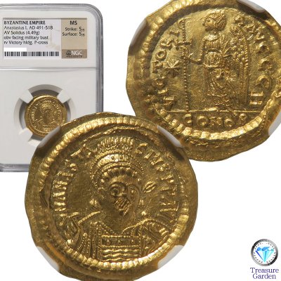 古代ビザンチン帝国 491-518年 ソリダス金貨 アナスタシウス1世] 【NGC