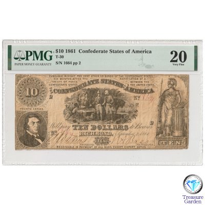 アメリカ連合国 1861年 10ドル紙幣] T-30 アンティーク紙幣 【PMG鑑定 