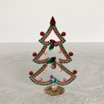 チェコ　ガラス製ラインストーンのクリスマスツリー　緑×赤水色クリア