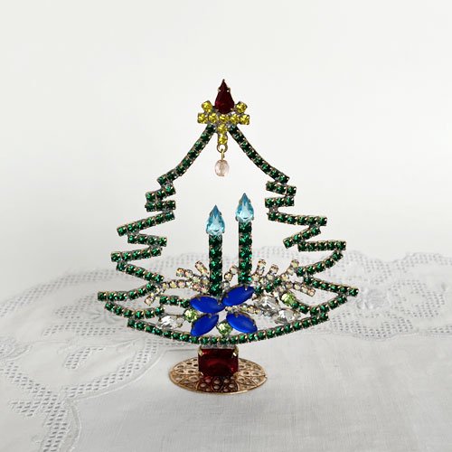 チェコ ガラス製ラインストーンのクリスマスツリー 135 ろうそく 青