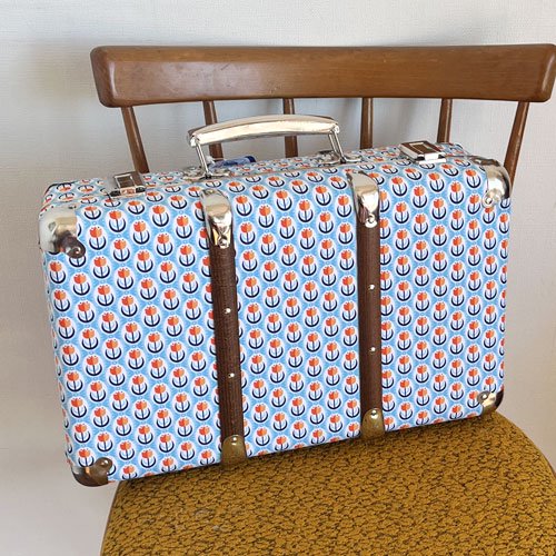 チェコ製の布張スーツケース 水玉チューリップ 水色 大 - チェコ雑貨