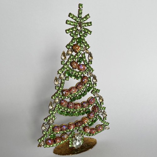 チェコ　ガラス製ラインストーンのクリスマスツリー　157　黄緑×ピンク　ファイアオパールガラス - チェコ雑貨、チェコ絵本のお店　ハーチェク