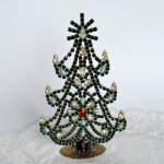 チェコ　ガラス製ラインストーンのクリスマスツリー　161　深緑×キャッツアイガラスと花