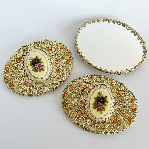 チェコ 装飾付き手鏡 34 楕円8×6cm 花カボション大 持ち手なし