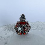 チェコ　装飾付き香水瓶　252　マーブルオレンジ×赤と白の花