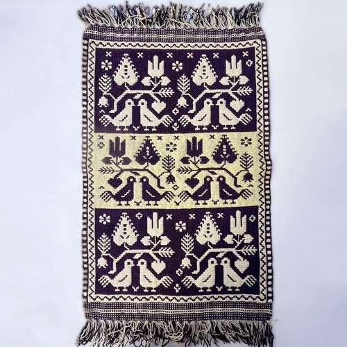 ポーランド・ヤノフ村の織物 47×73 アリチアさんの紫と黄色の小鳥柄 