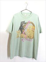 レディース 古着 90s USA製 猫× 鏡 アニマル プリント Tシャツ L