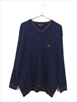 古着 90s adidas リブ ストライプ アクリル ウール Vネック ニット