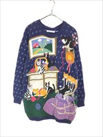 レディース 古着 90s knitted by hand 猫 アニマル 日常 刺しゅう デザイン 麻 コットン ハンド ニット セーター M 古着 -  古着 通販 ヴィンテージ 古着屋 Dracaena ドラセナ