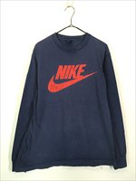 古着 80s USA製 NIKE 紺タグ BIG ロゴ 長袖 Tシャツ ロンT 紺 L 古着 