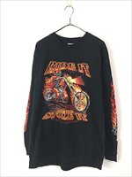 古着 00s Thundersportswear 「Ride It」 スカル バイク ファイヤー パターン 長袖 Tシャツ ロンT L 古着 - 古着  通販 ヴィンテージ 古着屋 Dracaena ドラセナ