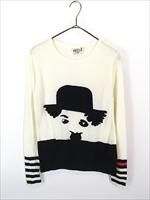 レディース 古着 80s PRONTO チャップリン風 紳士 デザイン サガラ刺しゅう ライト ニット セーター M 古着 レディース 古着 80s PRONTO チャップリン風 紳士 デザイン