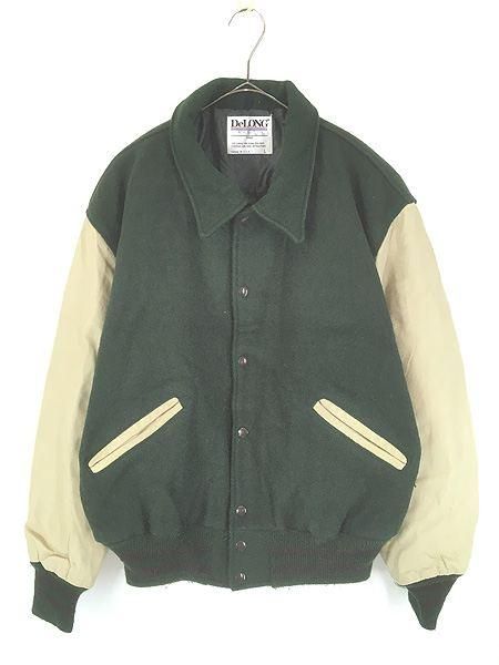 80s DeLONG スタジャン　ヴィンテージ　レザー　ジャケット 古着 80s USA製 DeLONG 本革 レザー メルトン ウール 襟付き
