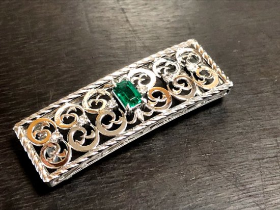 エメラルド0.58ct ダイヤモンド Pt900 帯留 中古 /1901222 - VINTAGE JAPANESE JEWELRY /  昭和ジュエリー / 肥前屋質店 / 渕上清志