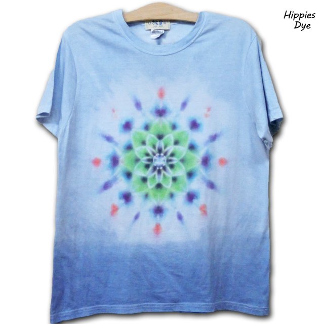 Hippies Dye☆Ｔシャツ Lサイズ 段染めブルーに曼荼羅模様☆ 旅と自由