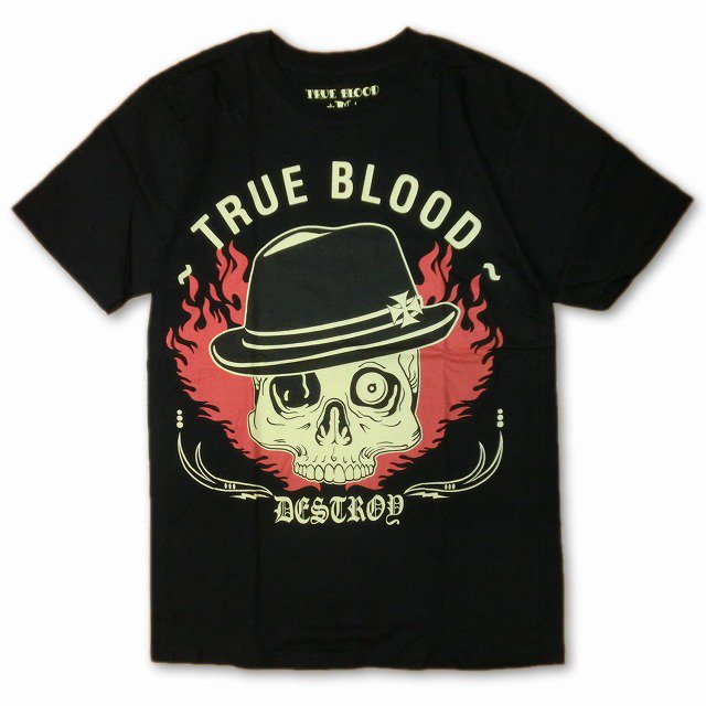 スカル TRUE BLOOD デザイン プリント Tシャツ 半袖 ブラック 黒 バックプリント　旅空tabisora foolsgold  web-shop