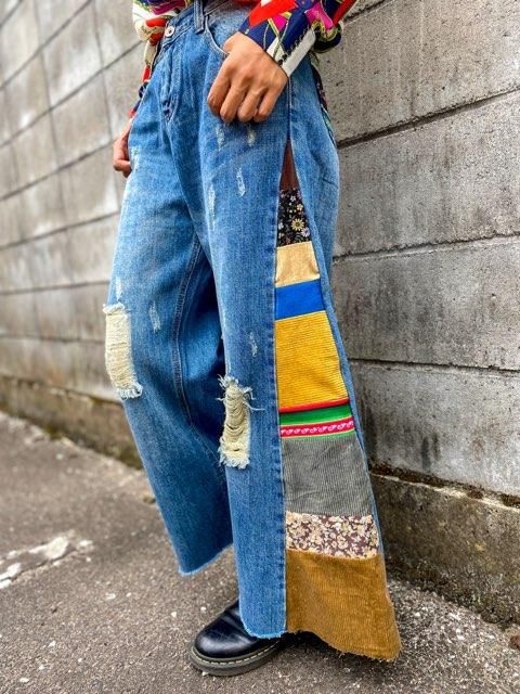 専用　オーダー　新品 パーカー リメイク　ワンピース　デニム　パッチワーク デニムパッチワークの切り替えジップパーカー4XL ブラック | DE