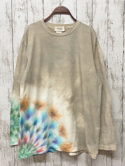 タイダイ染め 長袖Tシャツ Lサイズ 曼荼羅 HIPPIES DYE新作 グレージュ