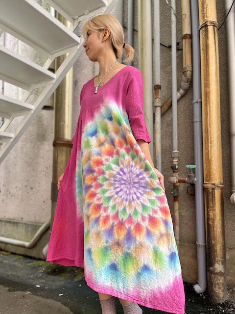 タイダイ染め ロングワンピース Hippies Dye最新作 優しいワインレッド