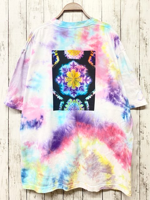 タイダイ染め　ビッグシルエット Tシャツ　XLサイズ　曼荼羅プリント　ピンク×ブルー　ムラ染め　　　Hippies Dye