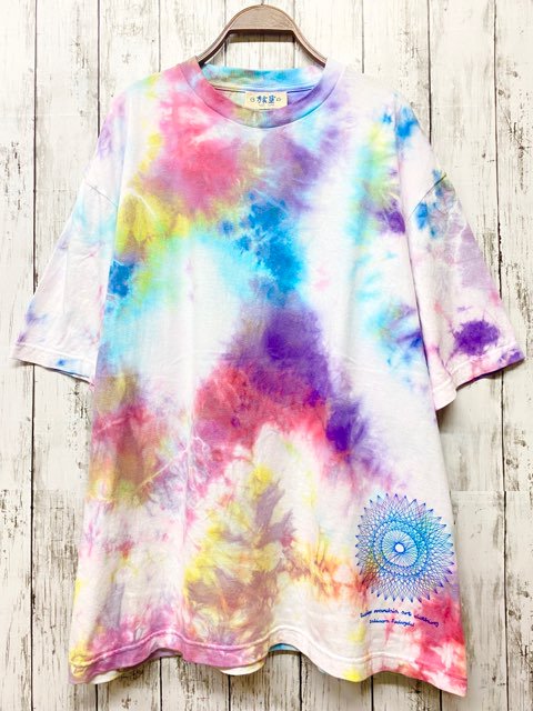 タイダイ染め　ビッグシルエット Tシャツ　XLサイズ　曼荼羅プリント　ピンク×ブルー　ムラ染め　　　Hippies Dye