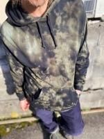 古着リメイク　ゆったり黒デニムシャツのパッチワークワンピース セール】古着風パッチワークオリジナルプリントシャツワンピース