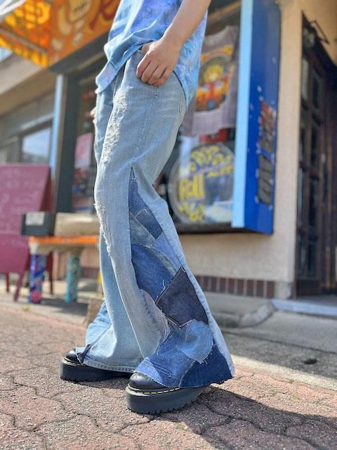 70s vintage フレア デニム パンツ 太陽 パッチワーク ヒッピー 70s vintage フレア デニム パンツ 太陽 パッチワーク ヒッピー