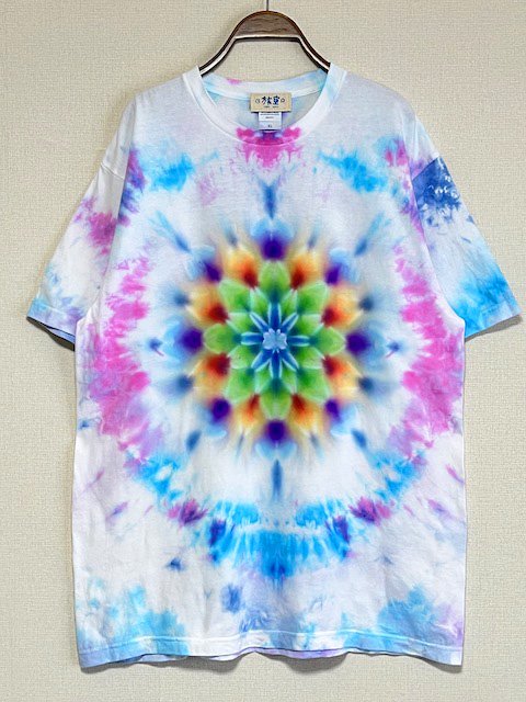 タイダイ染め Tシャツ　XLサイズ　曼荼羅　ブルー×ピンク　ムラ染め　Hippies Dye