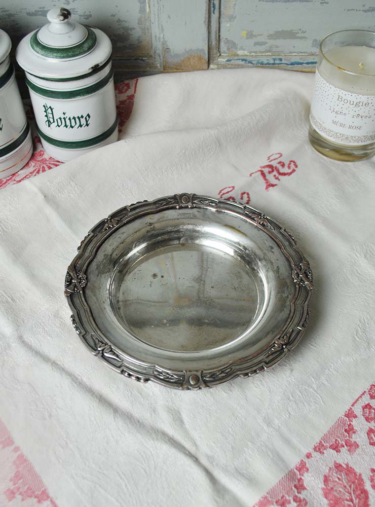 英国アンティーク シルバートレイ ガラス皿付き 銀