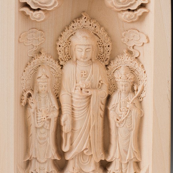 黄楊一杢彫り 阿弥陀三尊 つげいちもくぼ あみださんそん 仏像 － 三宝