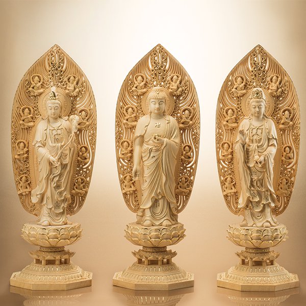 KW−１１９３ 檜細密彫り 金彩 阿弥陀三尊立像 