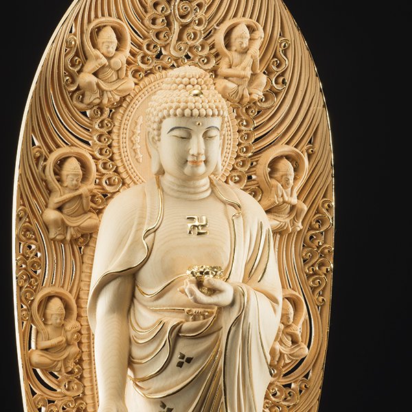 最高級 木彫仏像阿弥陀三尊立像 天然木檜材 一刀彫 財前彫刻 仏教工芸