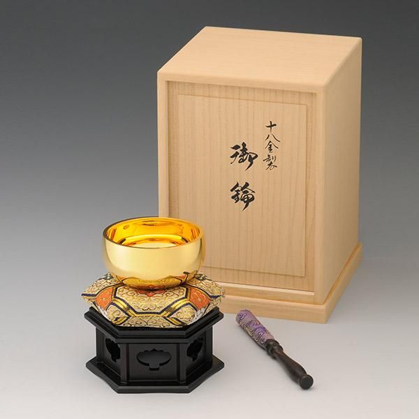 【週末セール】美しい金色のおりん　銘あり　銅製、日本の美 18金製 おりん 3.5寸 (約320g）ー 造幣局検定印入り ー三宝堂