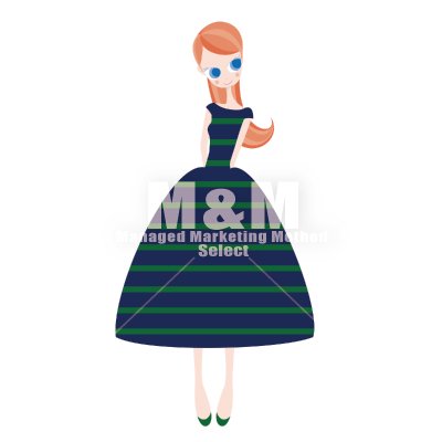 イラスト素材 Woman 14 ネイビーブルーとグリーンの横ストライプドレスの女の子 M M Collection