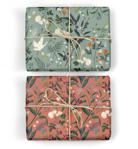 鶴と植物 グリーングレー / ガーデンフラワーズ ローズグレー　ダブルサイド包装紙/ラッピングペーパー の商品画像