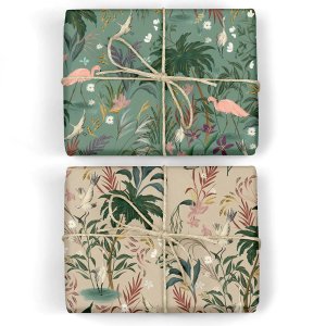 フラミンゴと植物 スモーキーグリーン / サギと植物 ベージュ　ダブルサイド包装紙/ラッピングペーパー の商品画像