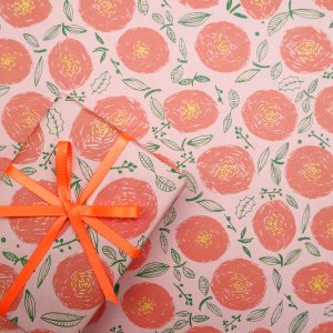 ピンク×グリーンの丸花柄ラッピングペーパー/包装紙 5枚 の商品画像