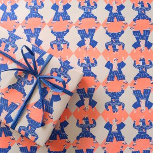 がんばるサムライ柄ラッピングペーパー　ブルー×オレンジ/包装紙 5枚 の商品画像