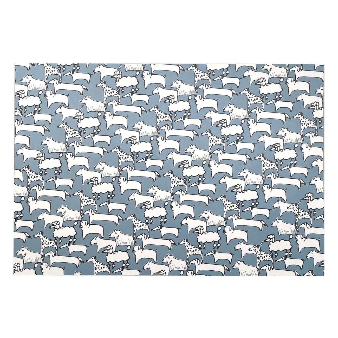 ワン！ワン！ワン！柄／ブルー ラッピングペーパー/包装紙 5枚