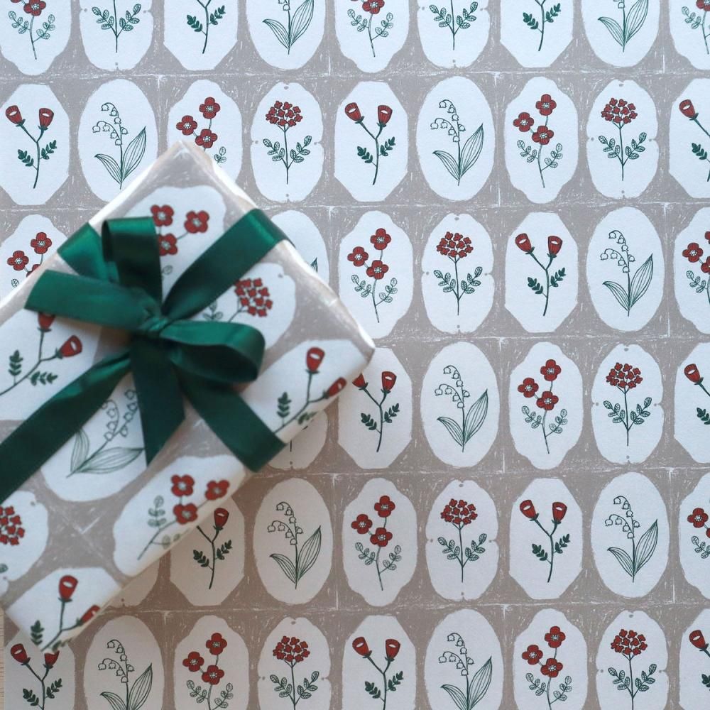 フレームフラワー柄 ベージュ×レッド ラッピングペーパー/包装紙 5枚