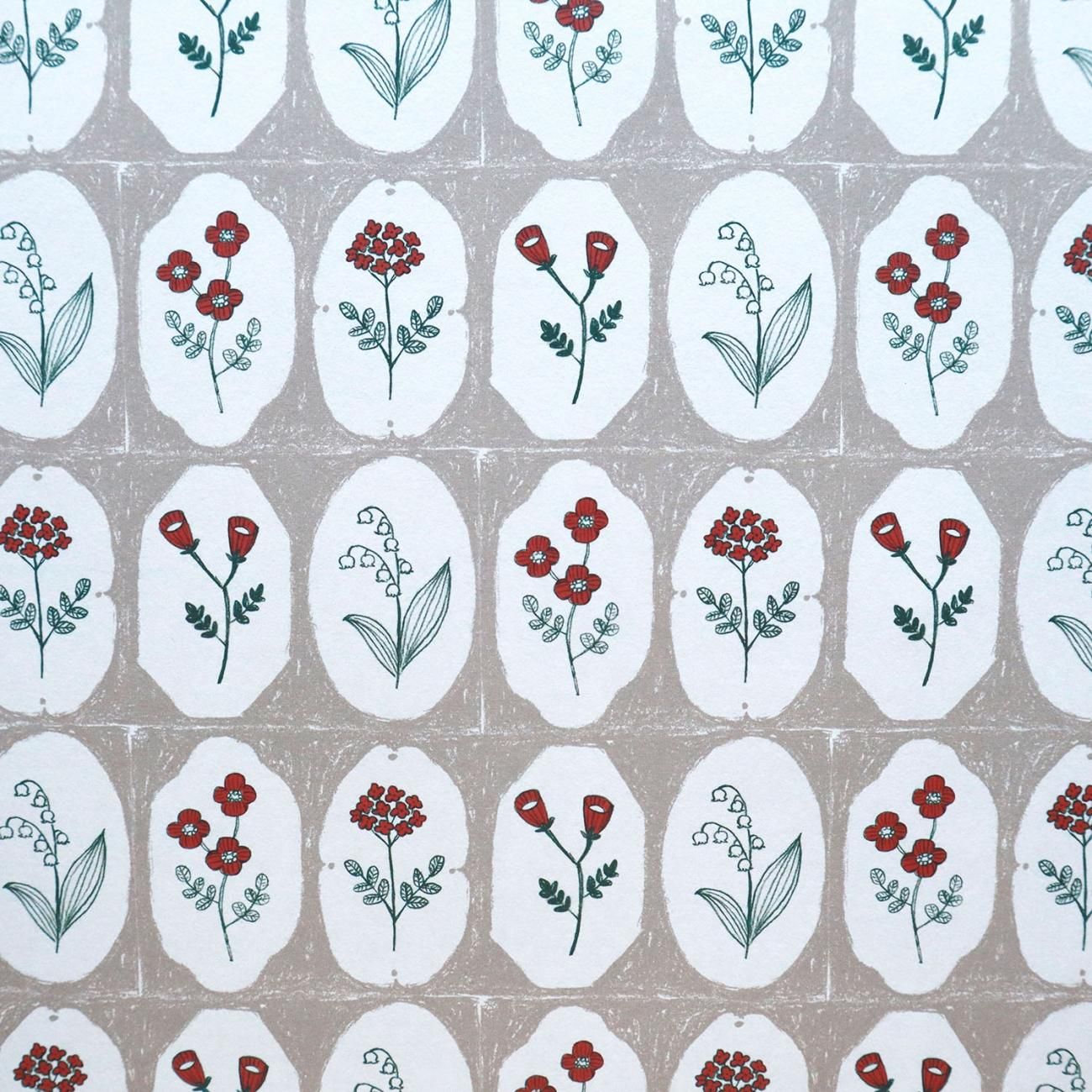 フレームフラワー柄 ベージュ×レッド ラッピングペーパー/包装紙 5枚